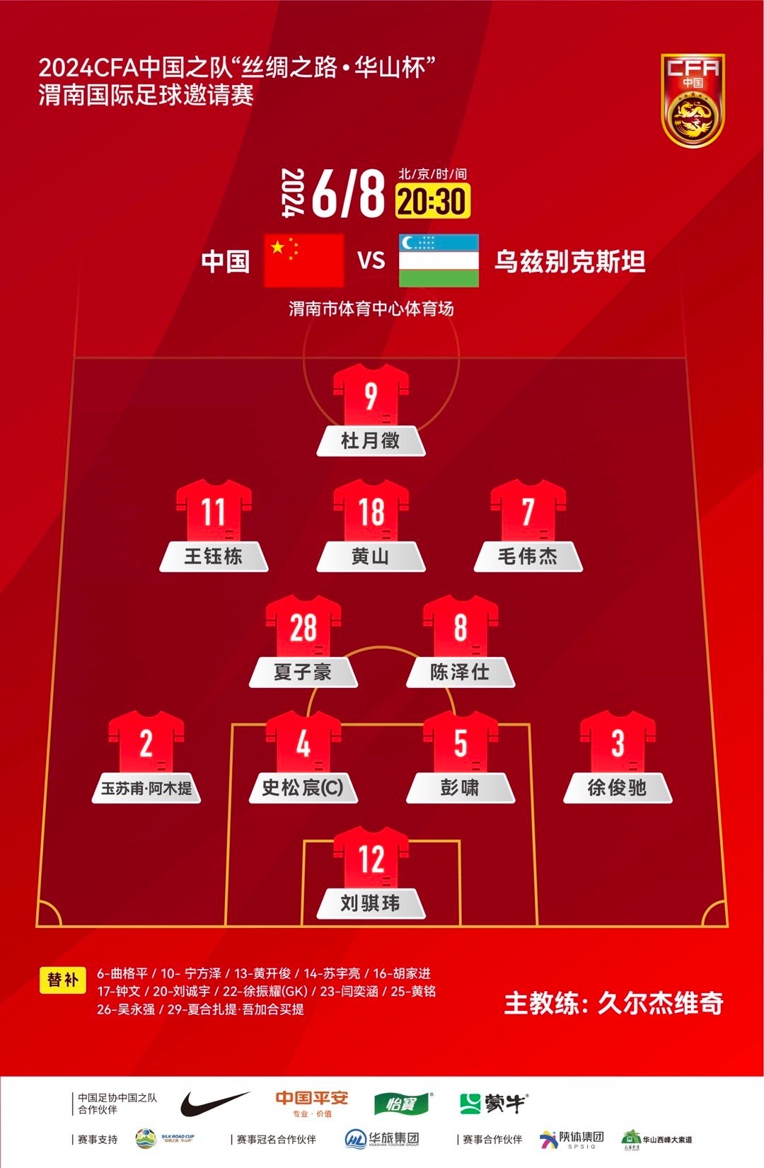 四国赛-中国U19vs乌兹别克斯坦U19首发：王钰栋、杜月徵先发